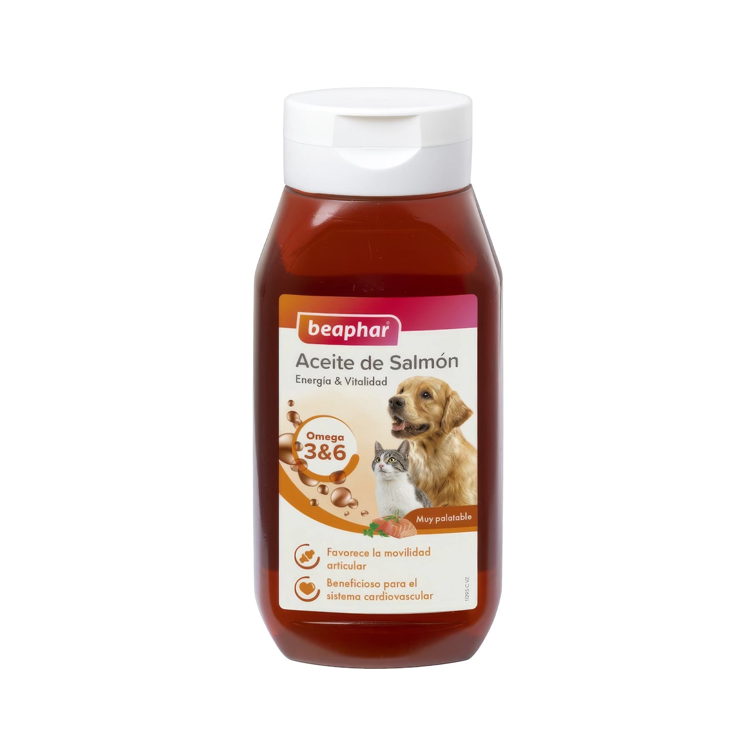 Beaphar Aceite de Salmón para Perros y Gatos en botella con tapa blanca, suplemento rico en omega 3 y 6 para vitalidad.