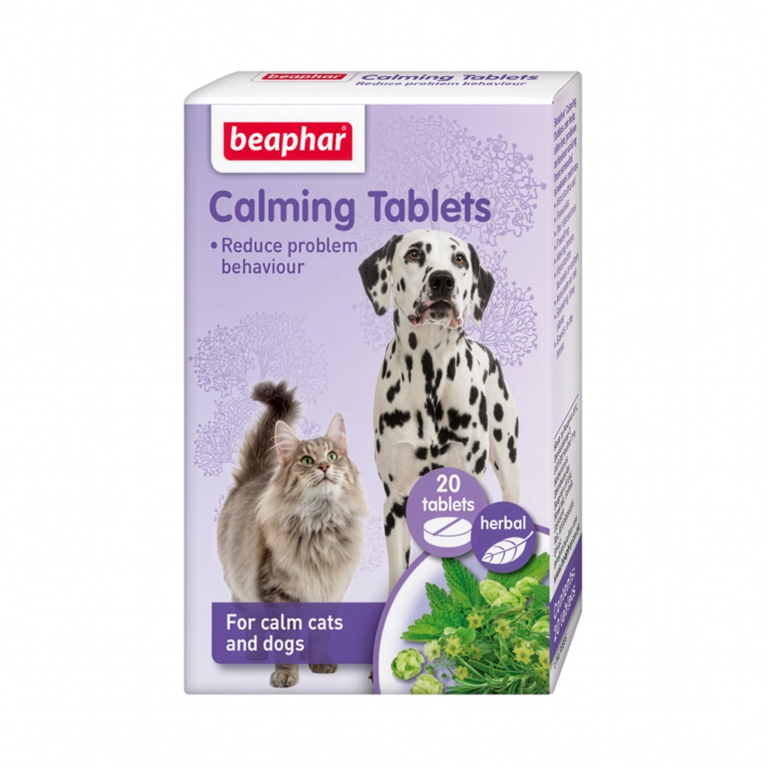 Caja de Tabletas Calmantes Naturales 20 Comprimidos Beaphar con ingredientes herbales para perros y gatos.