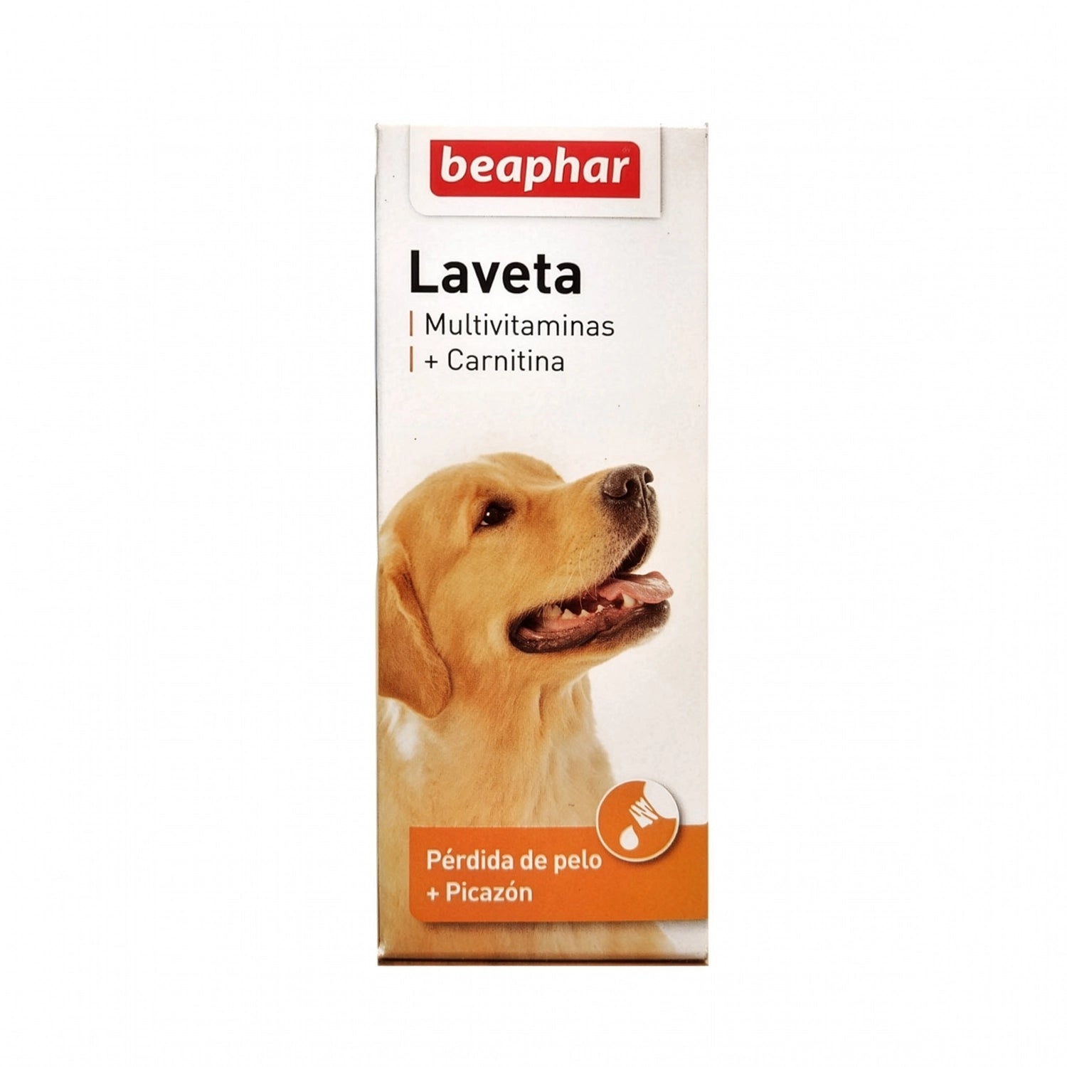 Beaphar Laveta Carnitina multivitaminas para perros, envase con imagen de labrador y apoyo para piel y pelaje.