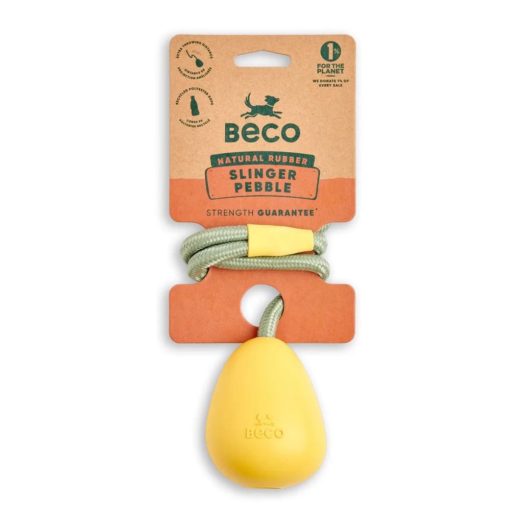 Beco Juguete Goma Natural Pebble para Lanzar, pelota amarilla con cuerda resistente para perros, diseño simple y material ecológico