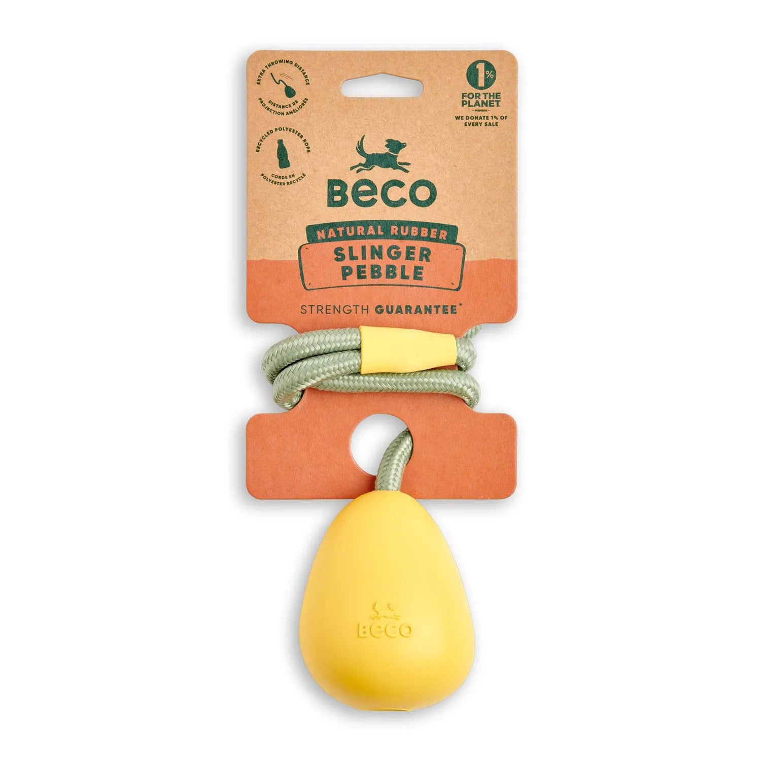 Beco Juguete Goma Natural Pebble para Lanzar, pelota amarilla con cuerda resistente para perros, diseño simple y material ecológico