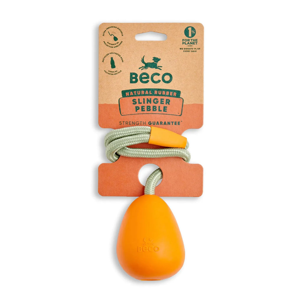 Beco Juguete Goma Natural Pebble para Lanzar, pelota naranja con cuerda resistente para perros, diseño simple y material ecológico
