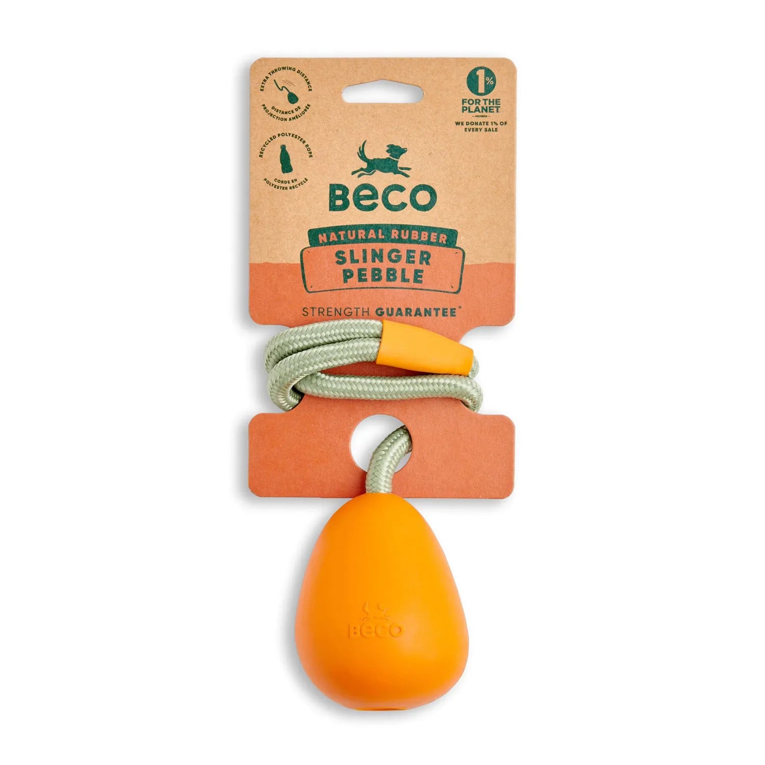Beco Juguete Goma Natural Pebble para Lanzar, pelota naranja con cuerda resistente para perros, diseño simple y material ecológico