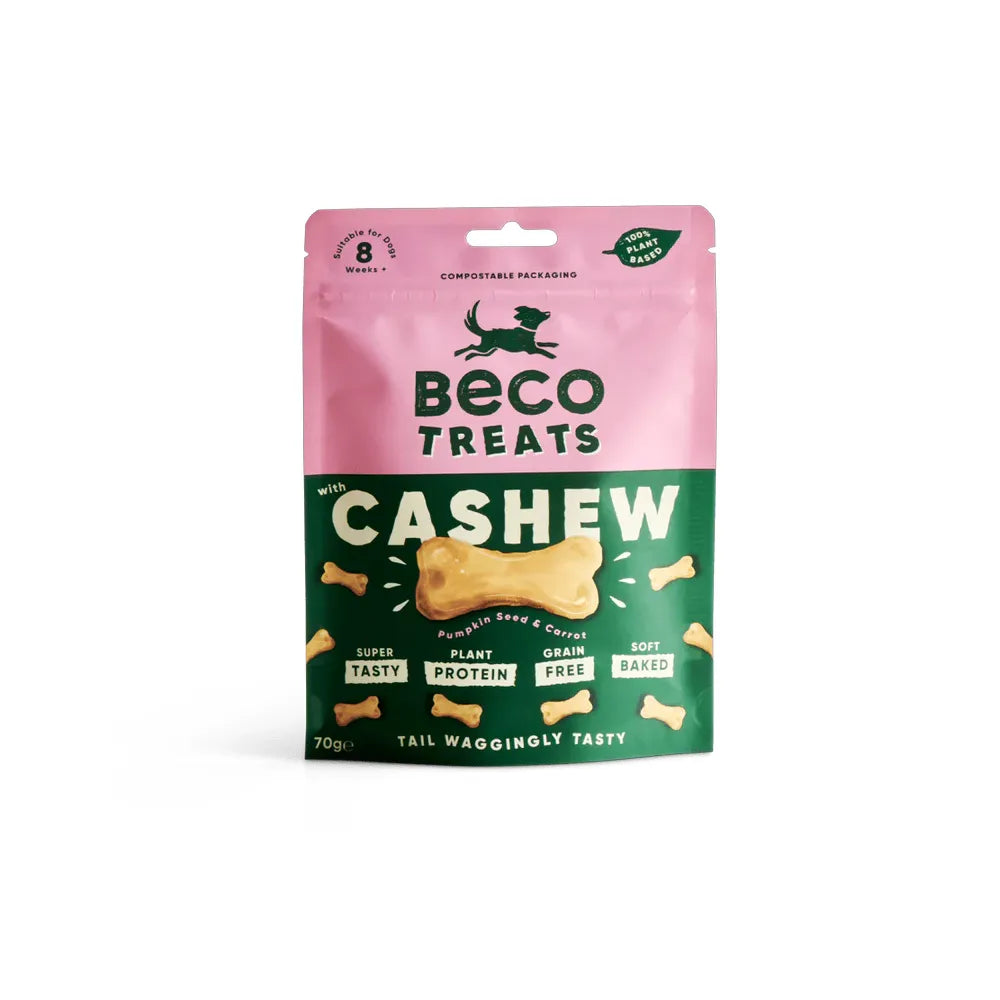 Beco Snack Natural Cajú bolsa rosada con premios para perros en forma de hueso, snack vegetal con proteína de cajú y semillas