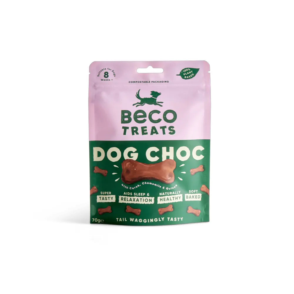 Beco Snack Natural Dog Choc snack para perros en envase rosado, galleta tipo hueso con fórmula relajante y horneado suave