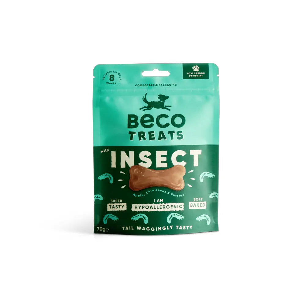 Beco Snack Natural Insecto bolsa verde con premio para perros en forma de hueso, snack hipoalergénico con insectos y semillas
