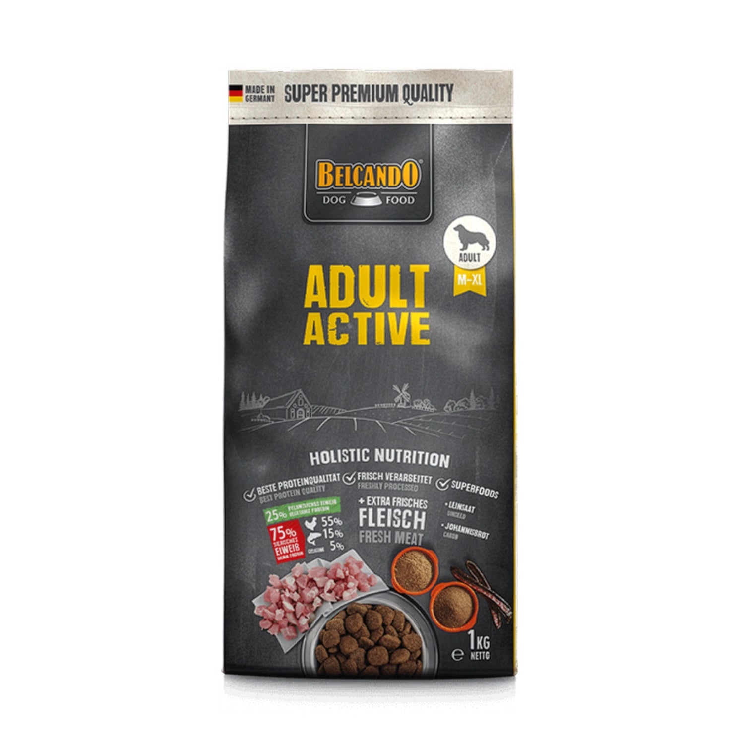 Belcando Adult Active para perros adultos activos, alimento premium con carne fresca y croquetas visibles.