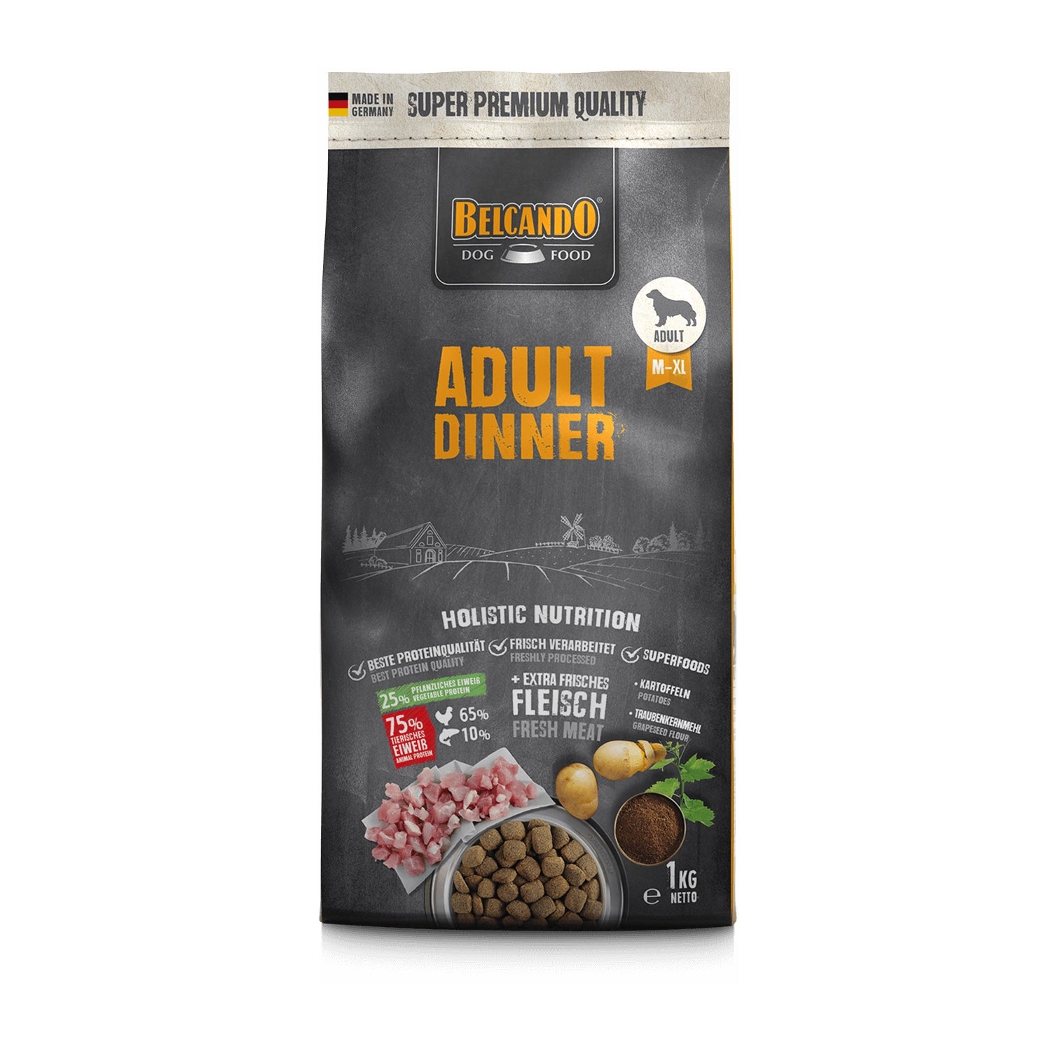 Belcando Adult Dinner alimento seco para perros adultos, con carne fresca, patatas y croquetas en bolsa premium.