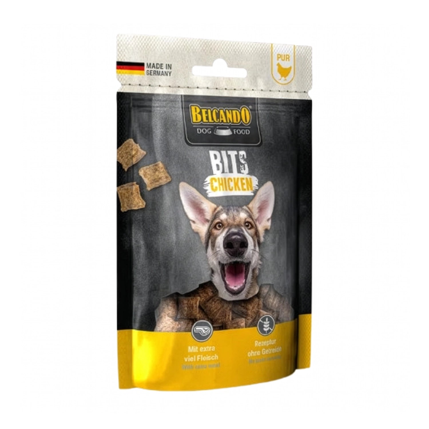 Belcando Snacks Bits Pollo en bolsa con premios para perros, bocados de pollo y fórmula sin cereales.