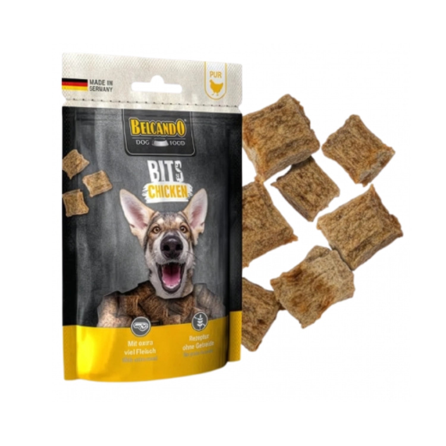 Belcando Snacks Bits Pollo en bolsa con premios para perros, bocados de pollo y fórmula sin cereales.