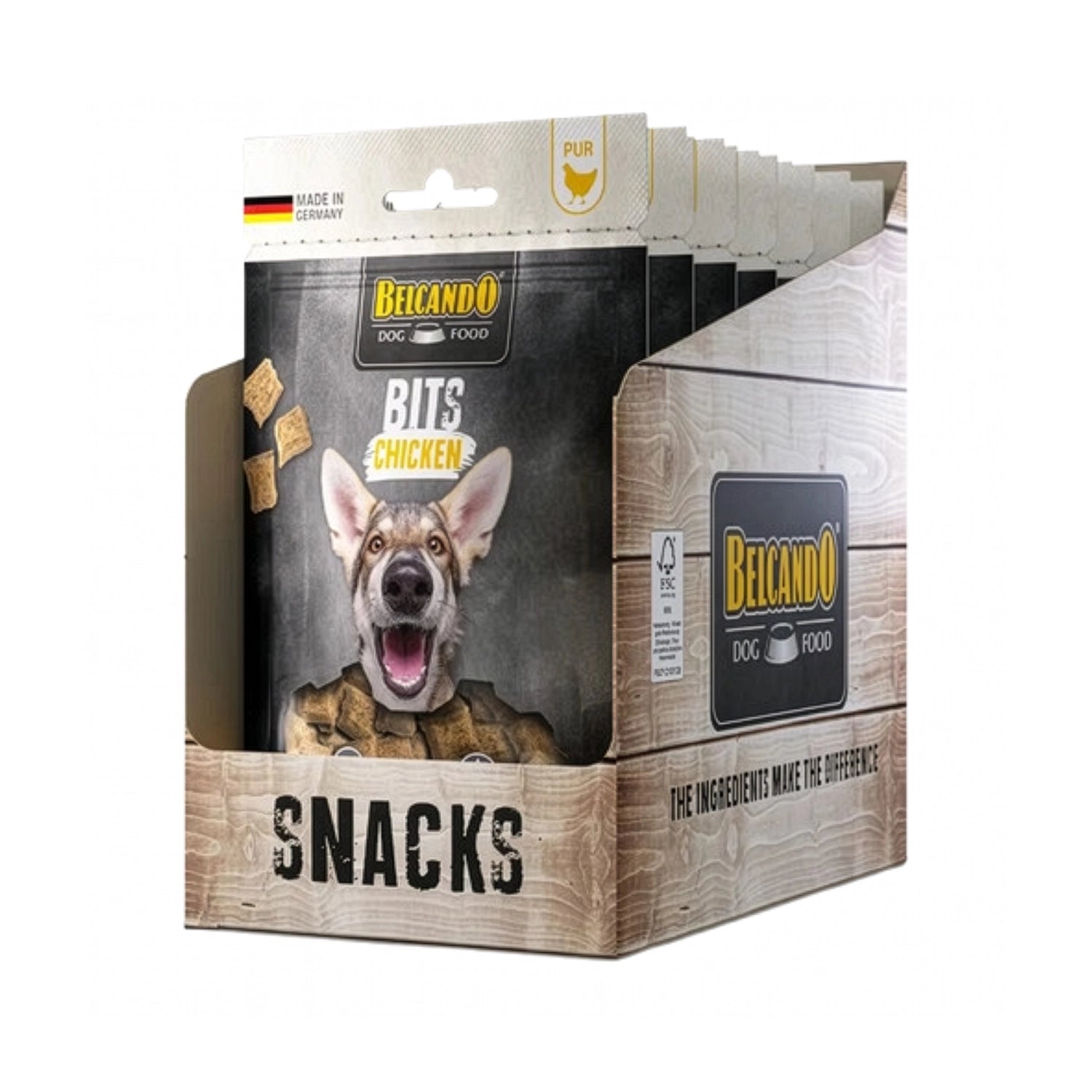 Belcando Snacks Bits Pollo en bolsa con premios para perros, bocados de pollo y fórmula sin cereales.