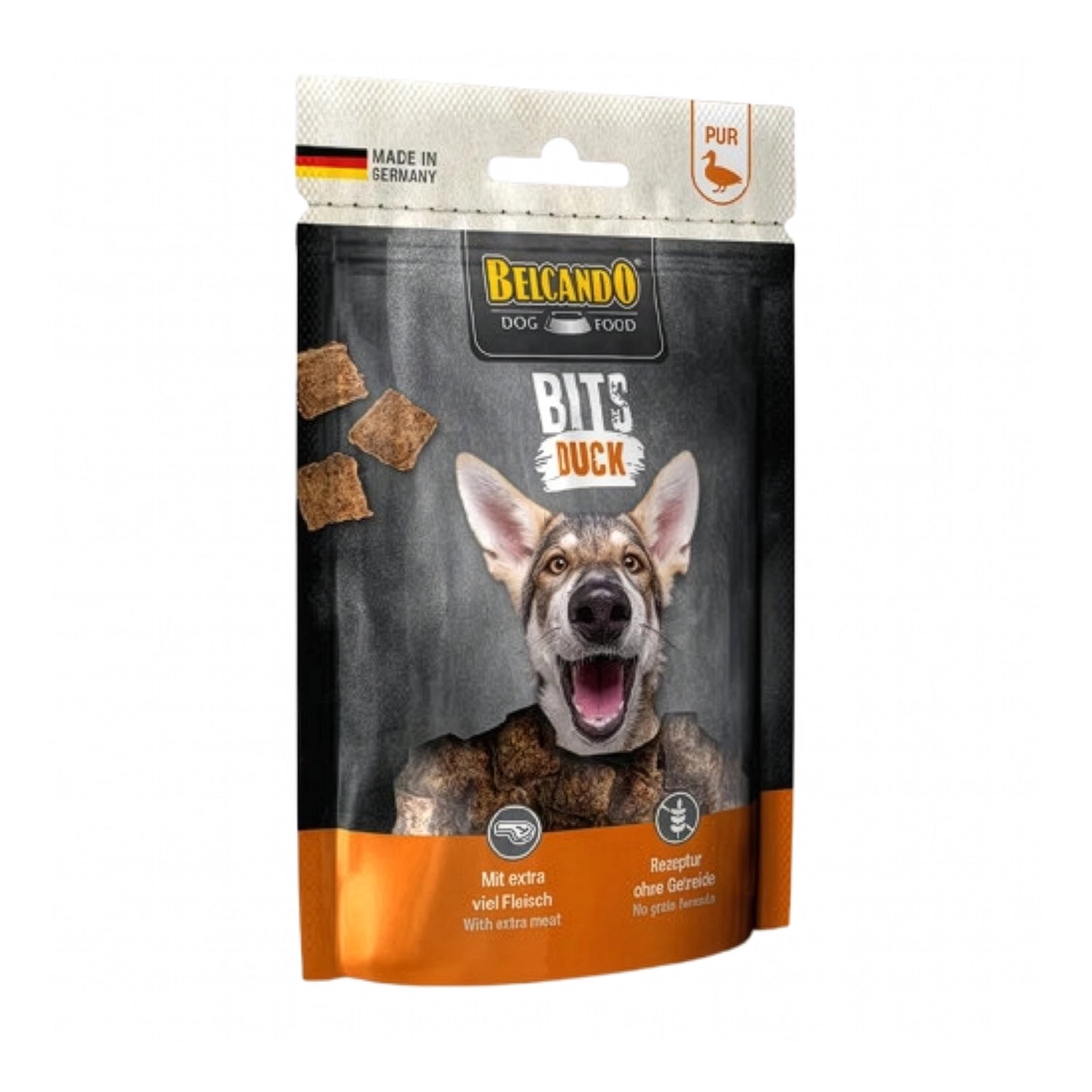 Belcando Snacks Bits Pato en bolsa con premios para perros, bocados de pato y receta premium sin cereales.