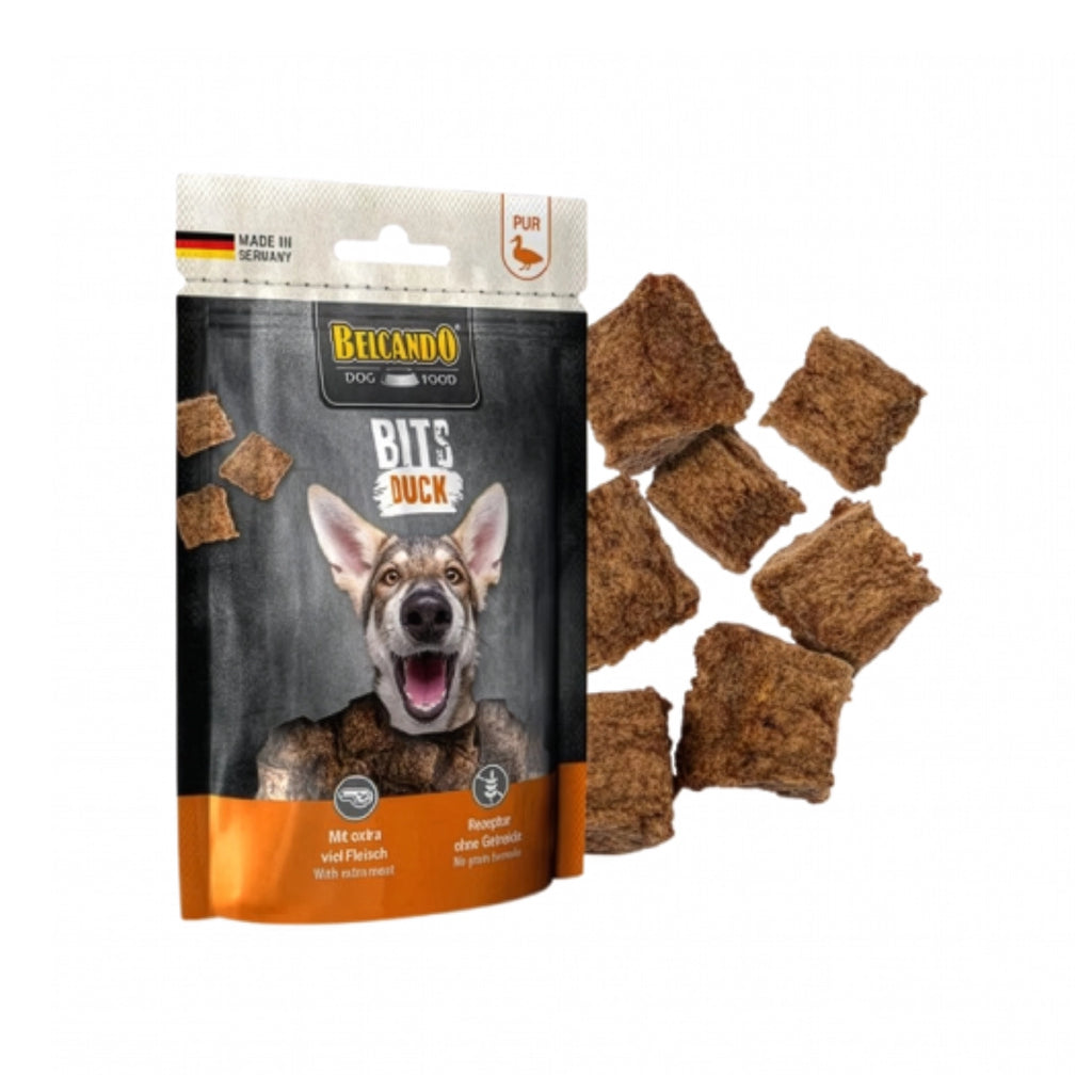 Belcando Snacks Bits Pato en bolsa con premios para perros, bocados de pato y receta premium sin cereales.