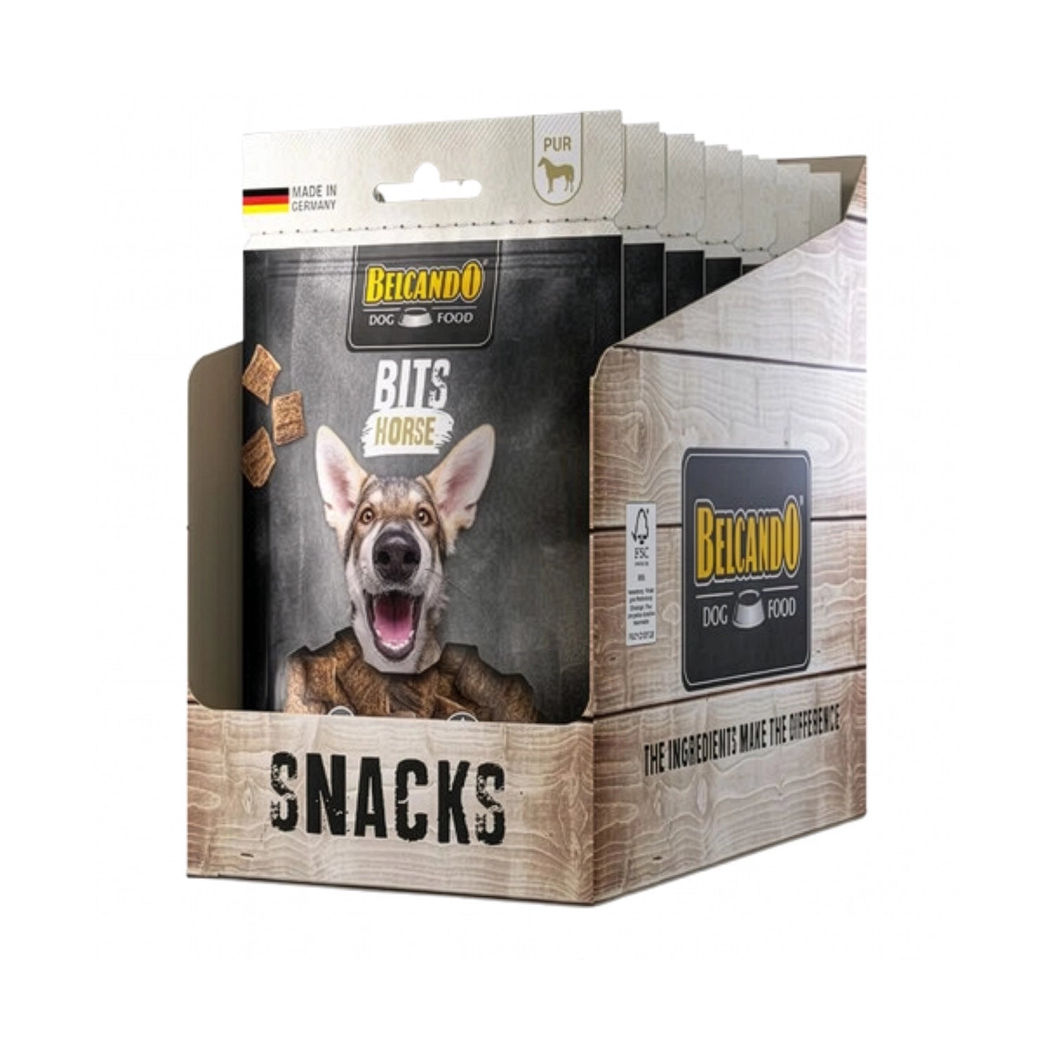 Belcando Snacks Bits Caballo en pouch para perros, premios blandos sin cereales con extra carne y sabor caballo.