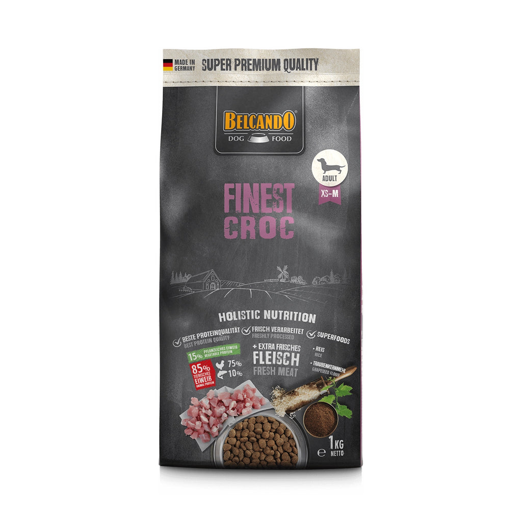 Belcando Finest Croc para perros adultos, alimento premium con croquetas, carne fresca y receta holística balanceada.