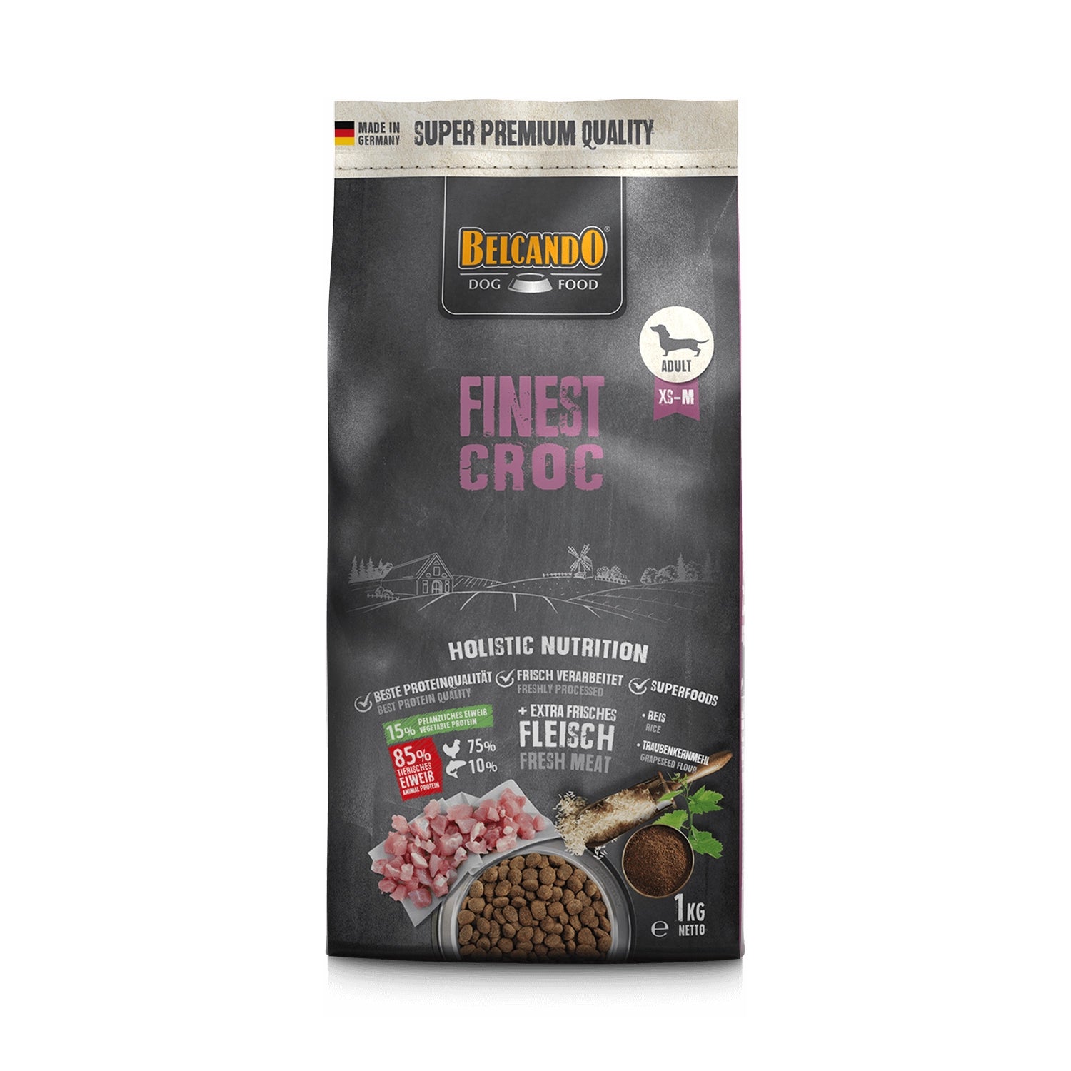 Belcando Finest Croc para perros adultos, alimento premium con croquetas, carne fresca y receta holística balanceada.