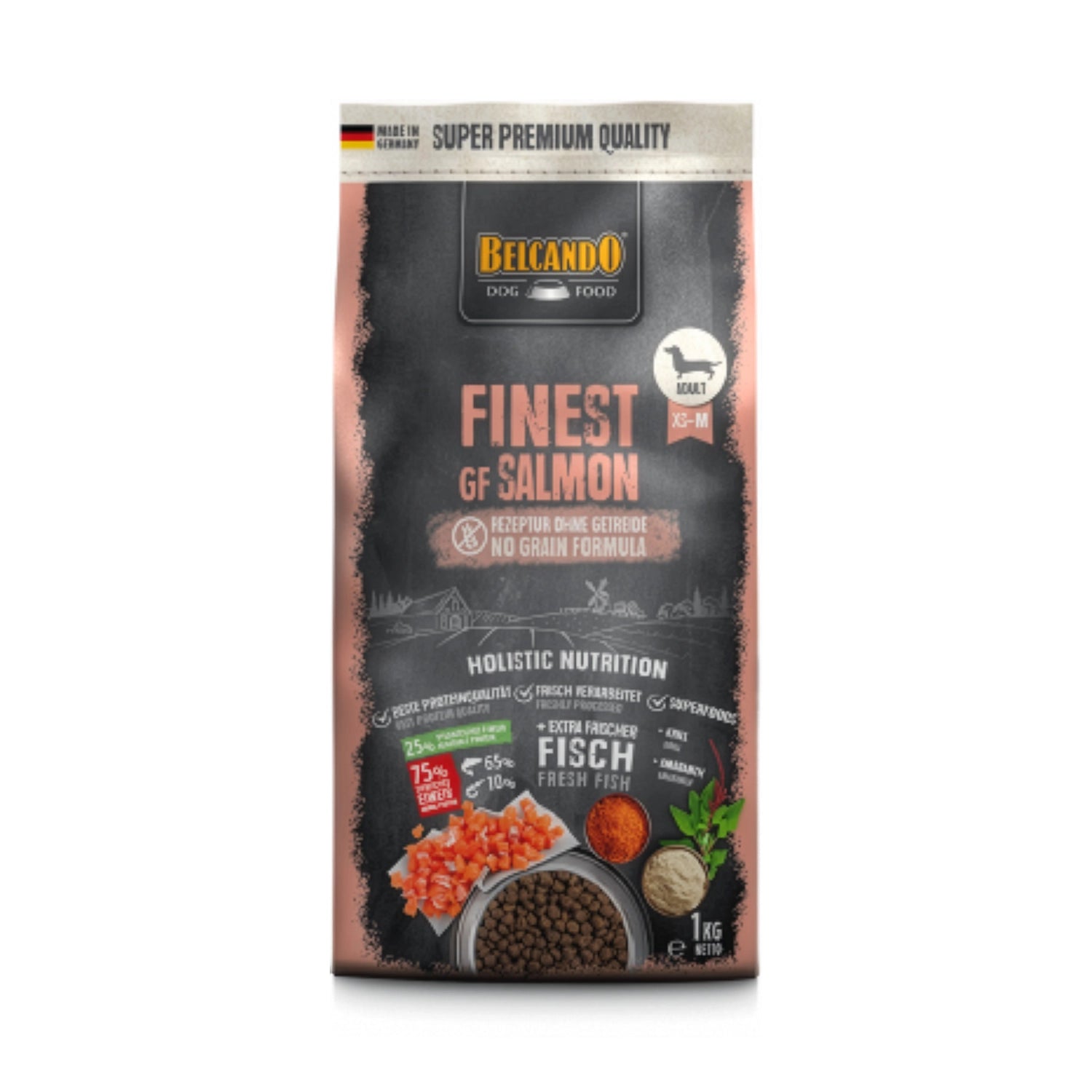 Belcando Finest GF Salmon para perros mini adultos, alimento sin granos con salmón fresco y croquetas visibles.