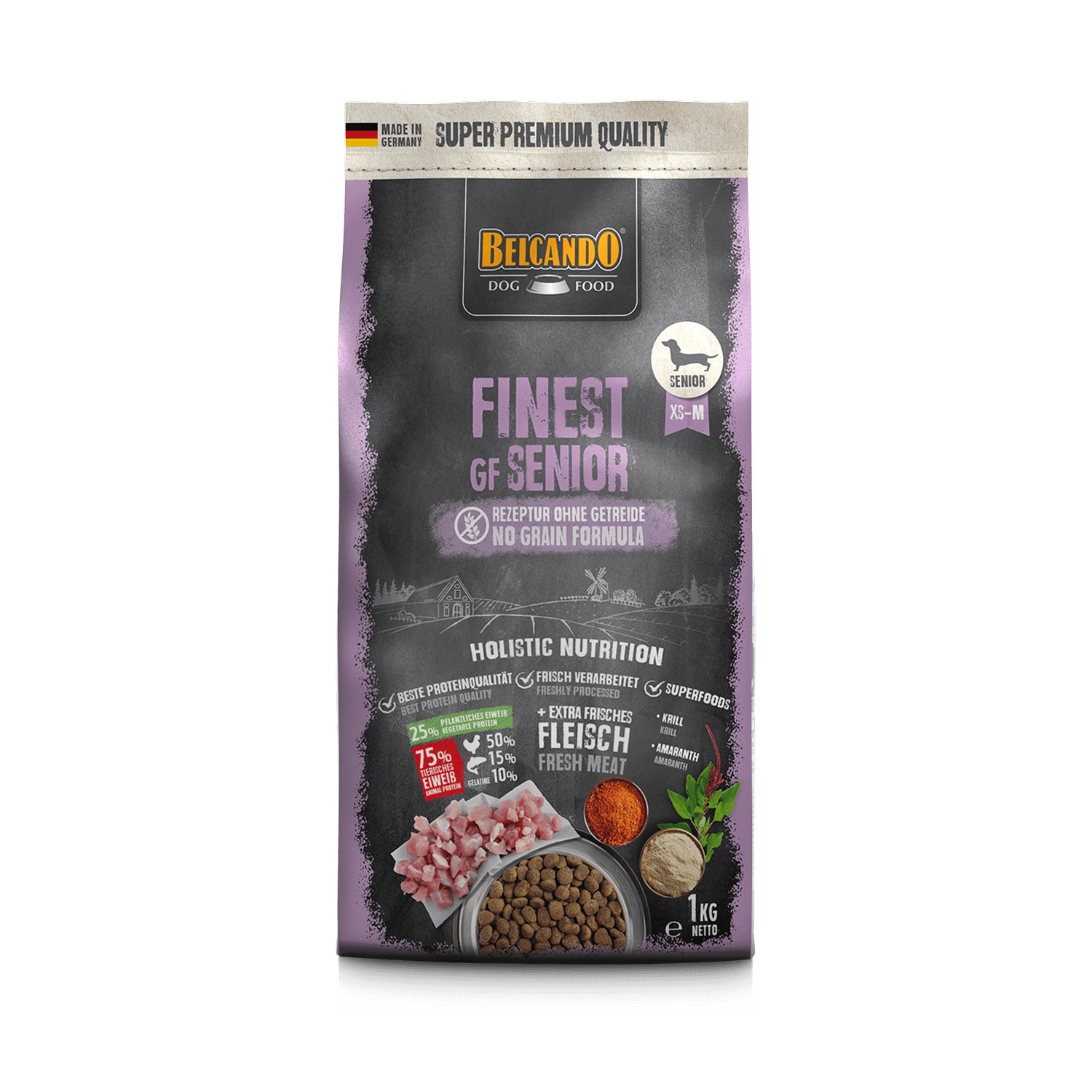 Belcando Finest GF Senior para perros senior, alimento premium sin granos con croquetas y carne fresca visible.