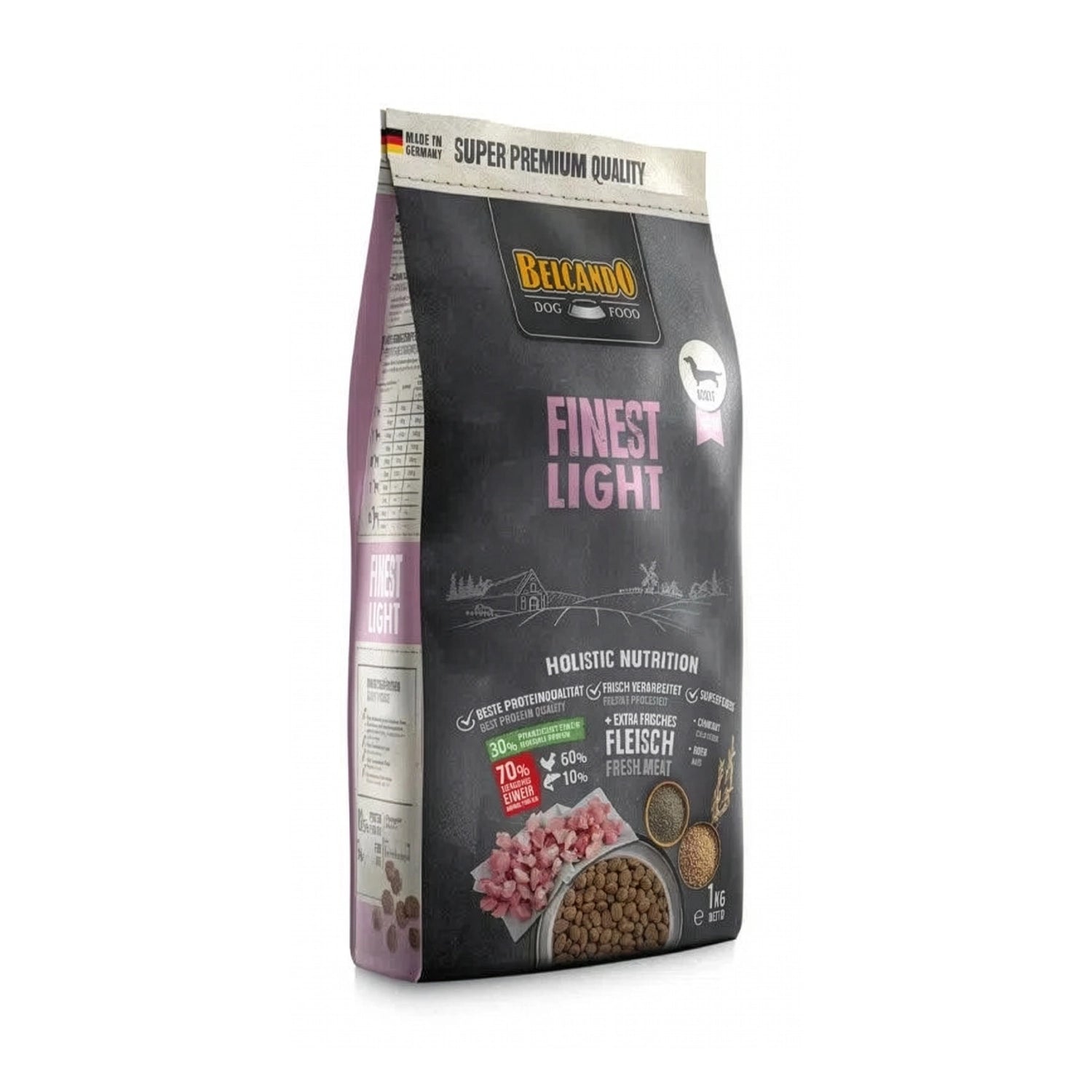 Belcando Finest Light para perros adultos, alimento premium bajo en calorías con carne fresca y croquetas visibles.