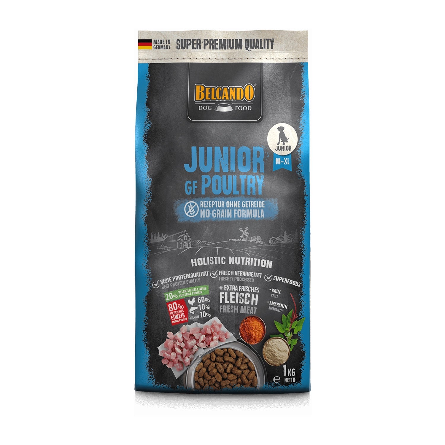Belcando Junior GF Poultry para cachorros, alimento grain free con ave fresca, krill y croquetas premium.