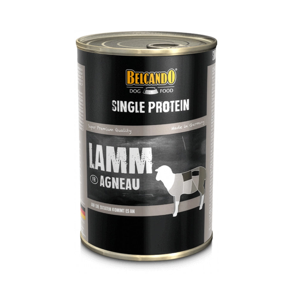 Belcando Latas Single Protein Cordero en lata para perros, alimento húmedo monoproteico con diseño negro premium.