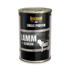 Belcando Latas Single Protein Cordero en lata para perros, alimento húmedo monoproteico con diseño negro premium.