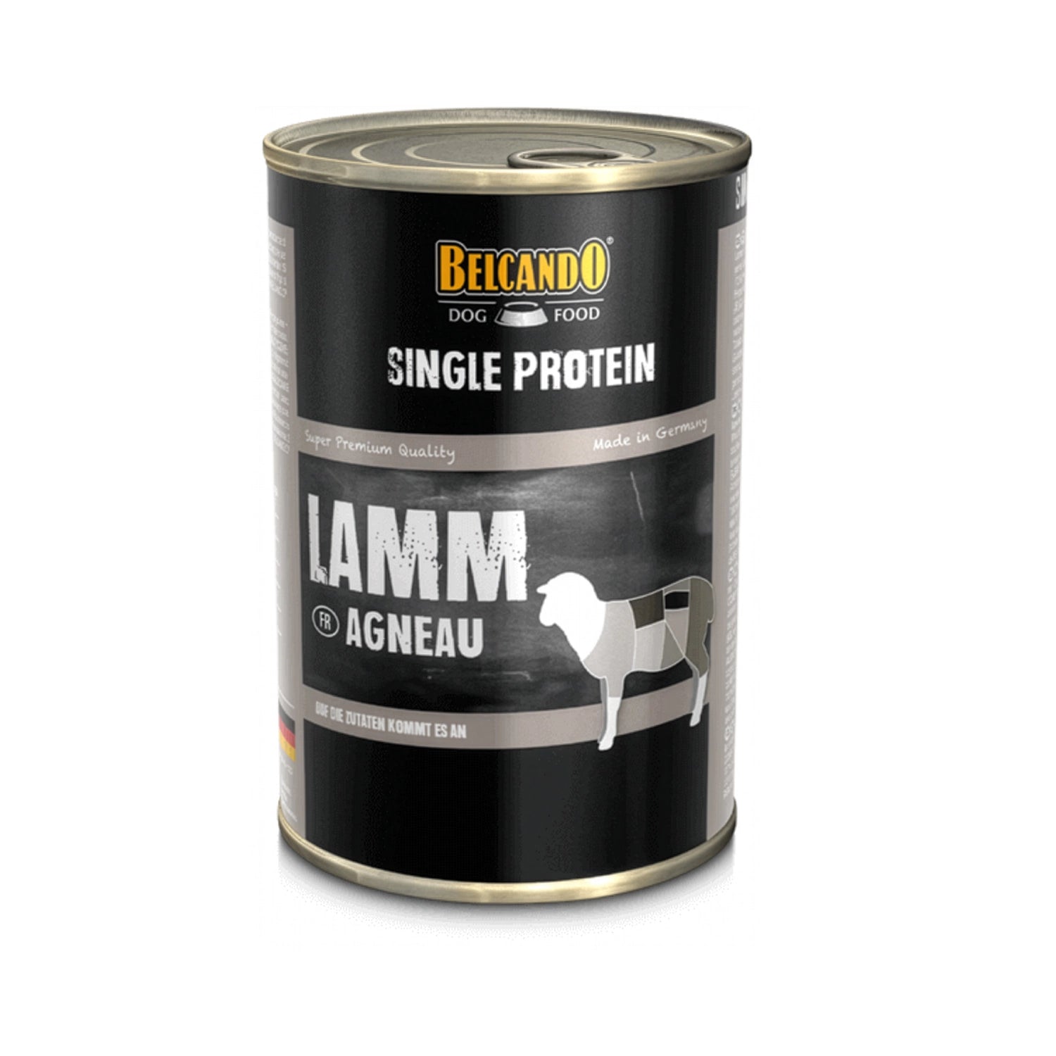 Belcando Latas Single Protein Cordero en lata para perros, alimento húmedo monoproteico con diseño negro premium.