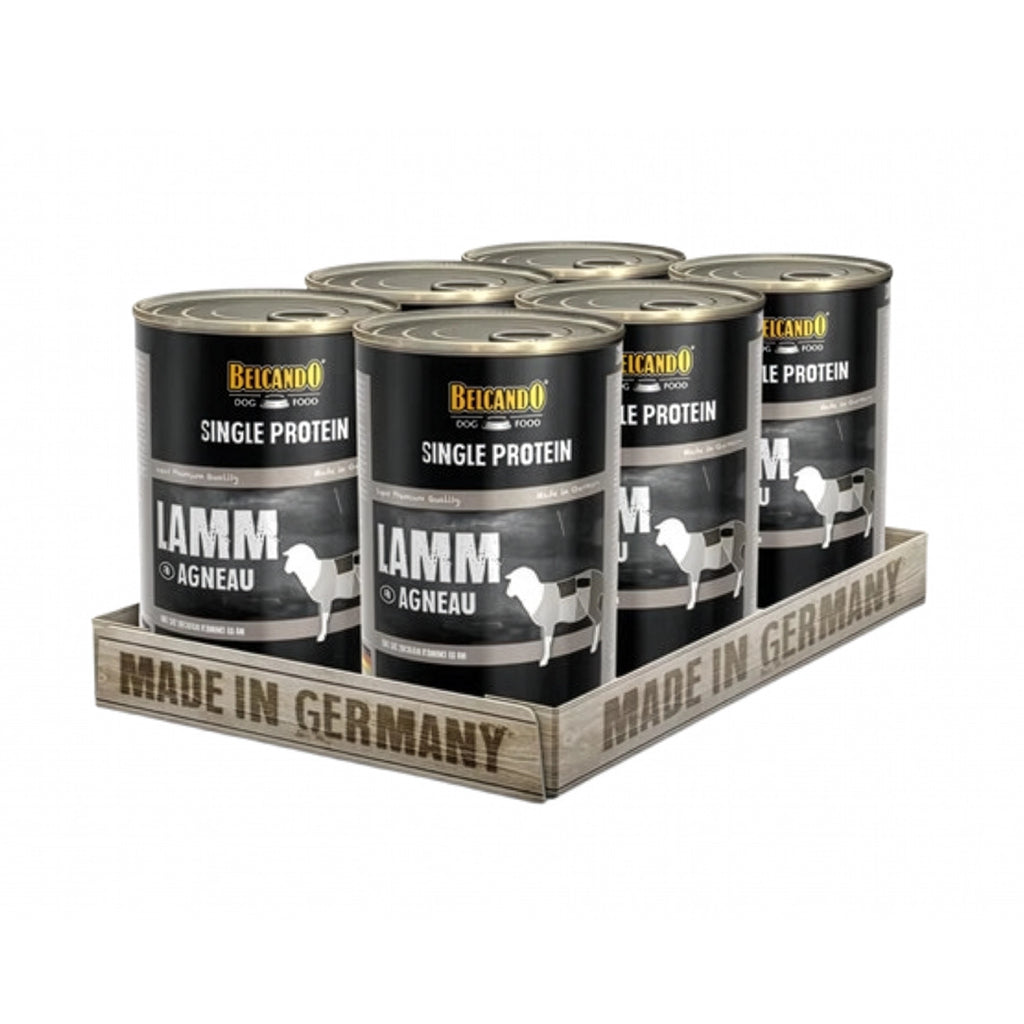 Belcando Latas Single Protein Cordero en lata para perros, alimento húmedo monoproteico con diseño negro premium.