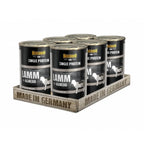 Belcando Latas Single Protein Cordero en lata para perros, alimento húmedo monoproteico con diseño negro premium.