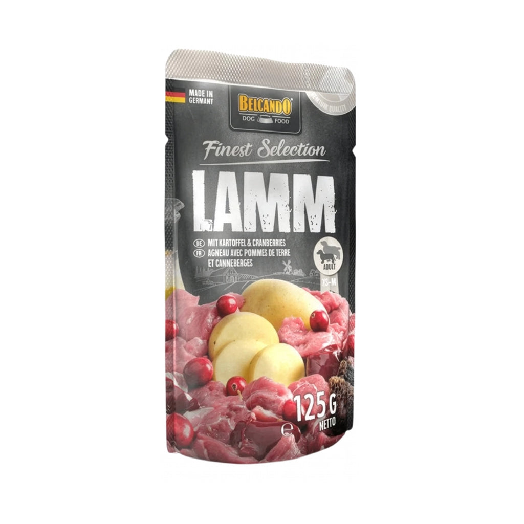 Belcando Pouch Cordero, Patatas y Arándano para perros adultos, alimento húmedo premium con carne y arándanos.