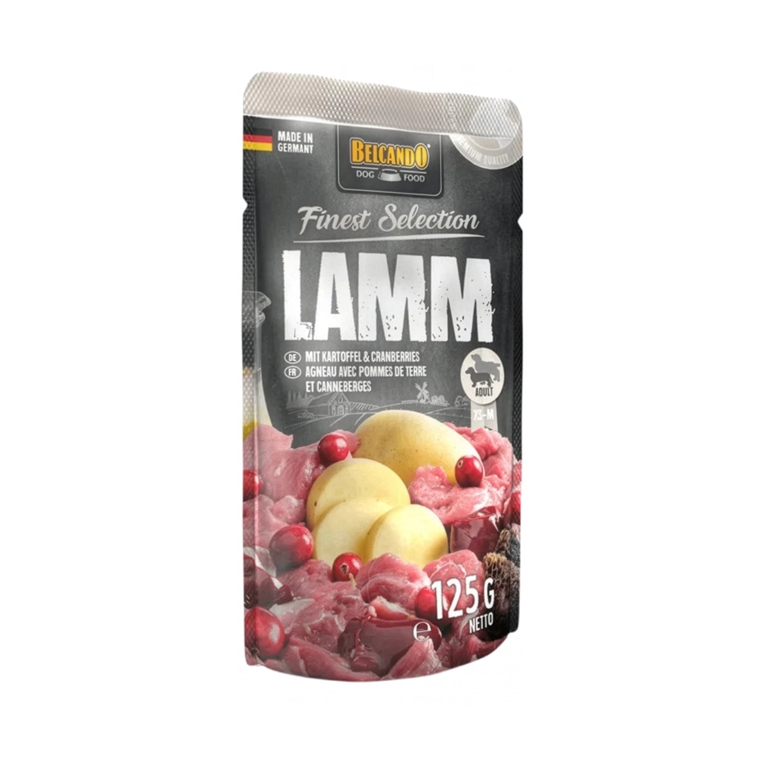 Belcando Pouch Cordero, Patatas y Arándano para perros adultos, alimento húmedo premium con carne y arándanos.