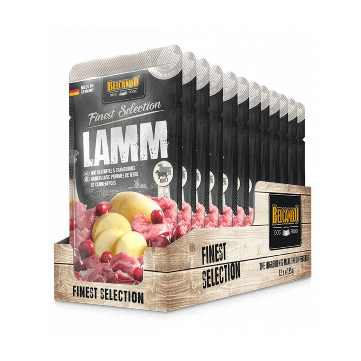 Belcando Pouch Cordero, Patatas y Arándano para perros adultos, alimento húmedo premium con carne y arándanos.