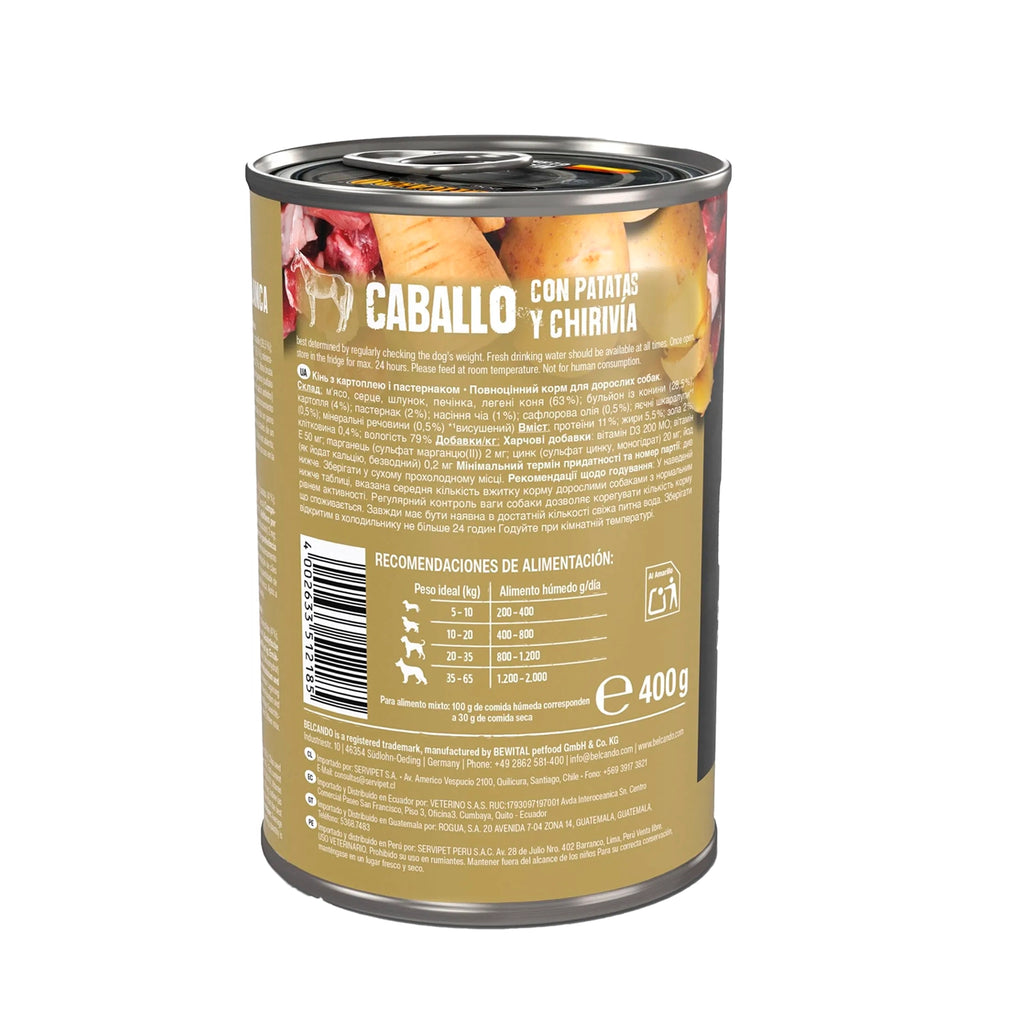 Belcando Lata Caballo con alimento húmedo para perros, receta sin cereales con carne de caballo, papas y zanahoria blanca.