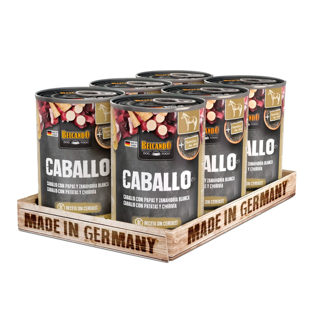 Belcando Lata Caballo con alimento húmedo para perros, receta sin cereales con carne de caballo, papas y zanahoria blanca.