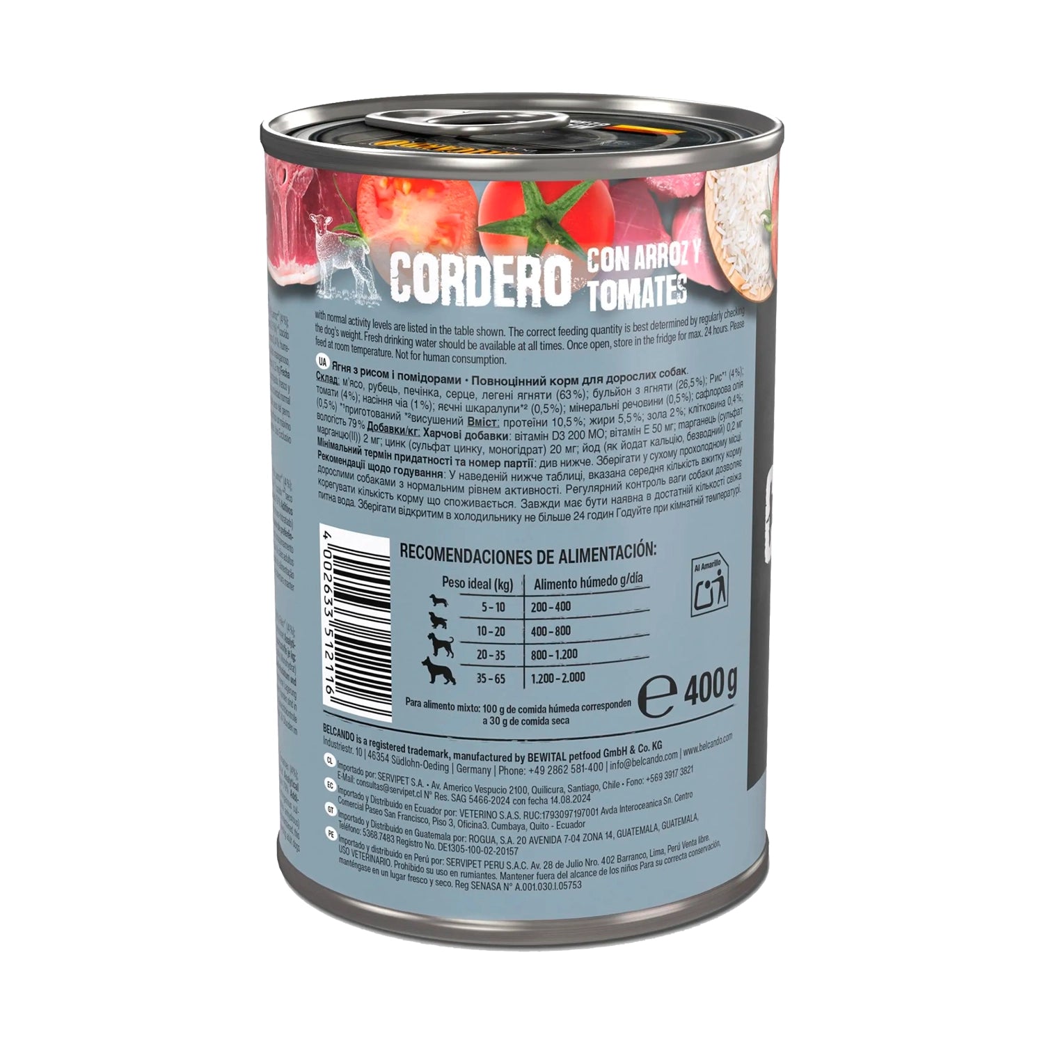 Belcando Lata Cordero con alimento húmedo para perros, receta de cordero con arroz y tomates, presentada junto a porciones servidas.