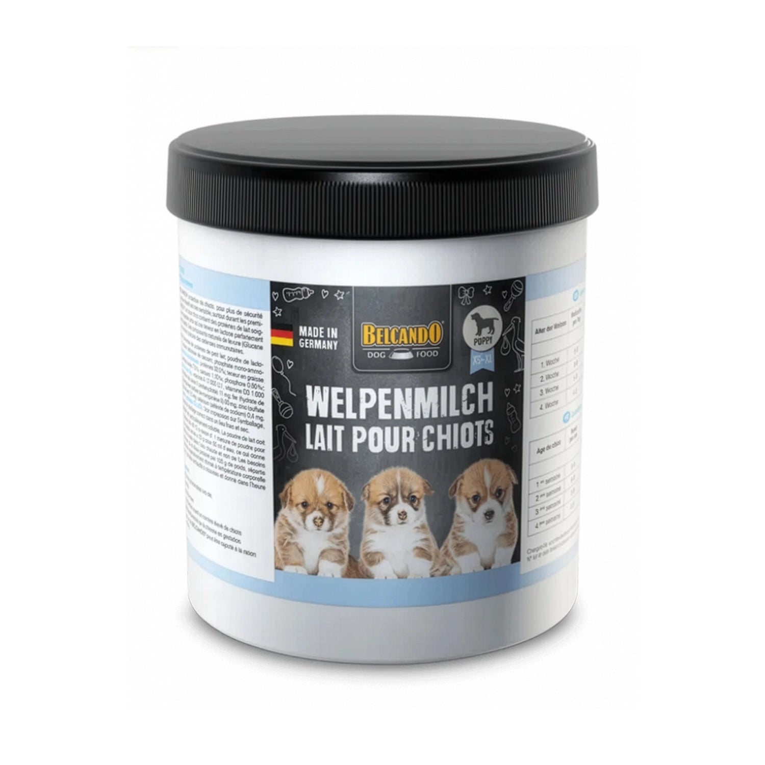 Belcando Leche en Polvo para Cachorros en envase blanco con tapa negra e imagen de cachorros en la etiqueta frontal.