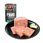 Belcando Lata Pavo con alimento húmedo para perros, receta de pavo con arroz y calabacín, presentada junto a porciones servidas.