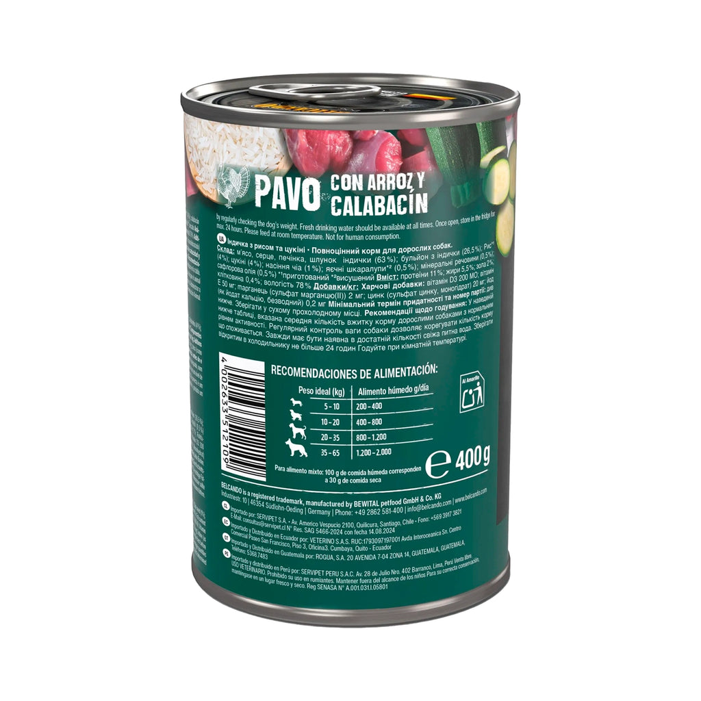Belcando Lata Pavo con alimento húmedo para perros, receta de pavo con arroz y calabacín, presentada junto a porciones servidas.