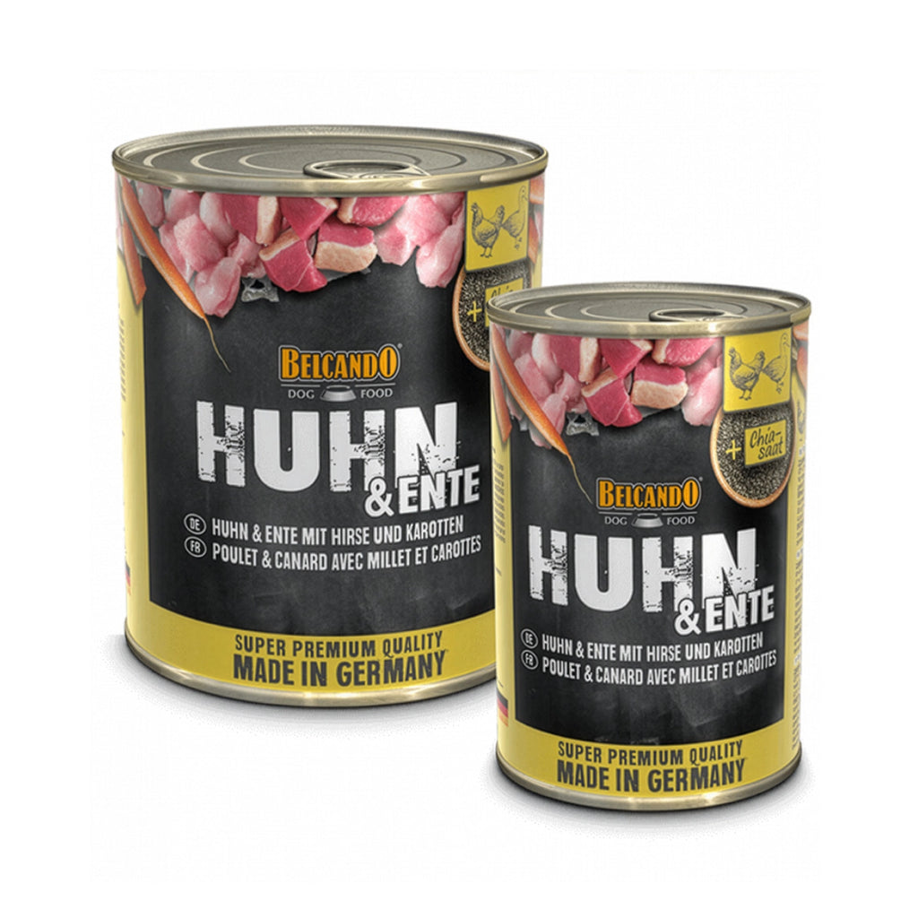 Belcando Lata Pollo, pato, Mijo y Zanahorias para perros, alimento húmedo premium con carne y chía.