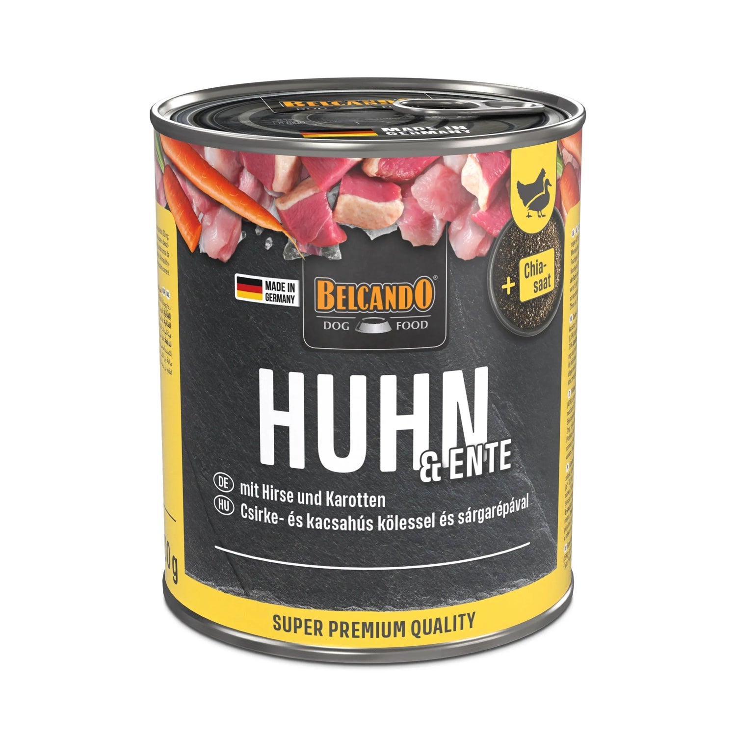 Belcando Lata Pollo, pato, Mijo y Zanahorias para perros 800 g, alimento húmedo premium con carne y chía.