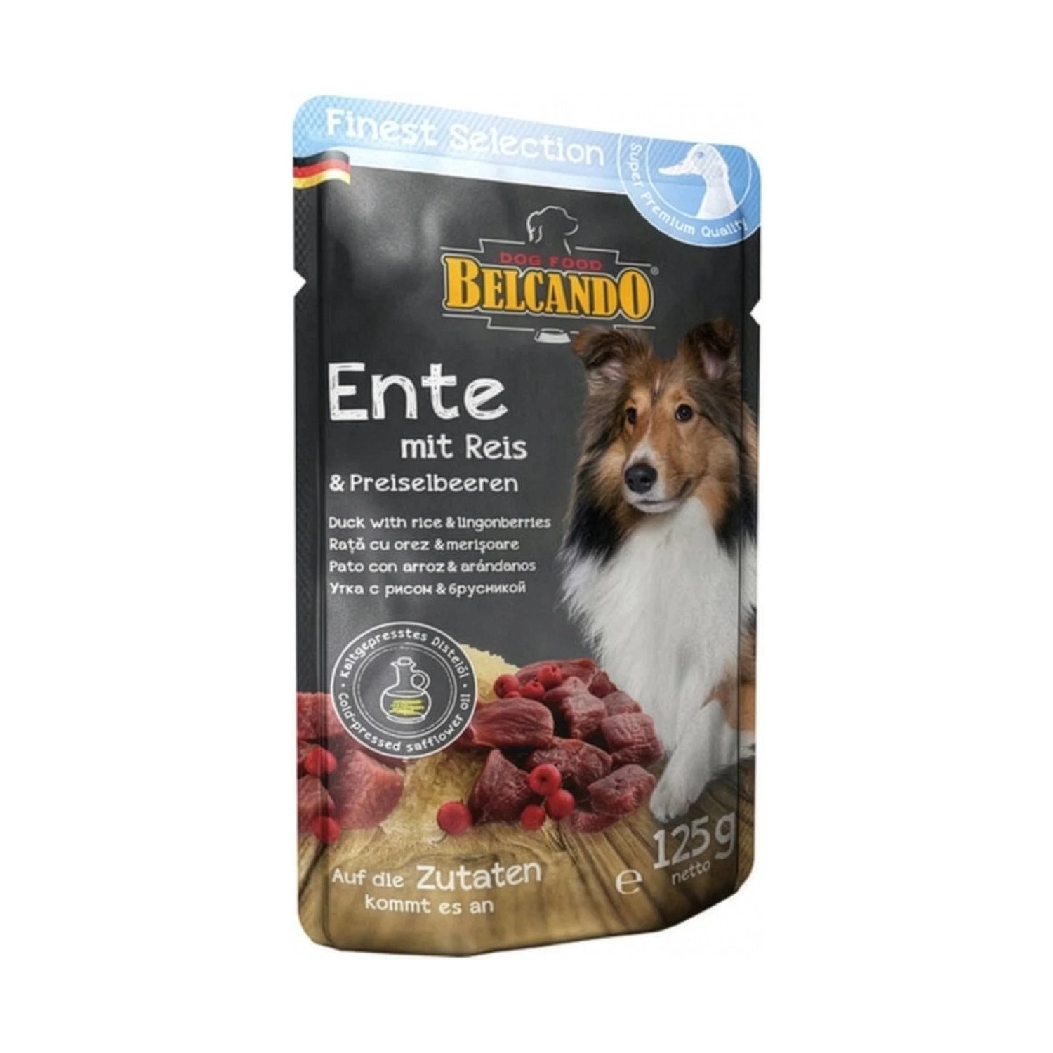 Belcando Pouch de Pato, Arroz y Arándano para perros, alimento húmedo premium con imagen de pato y arándanos.