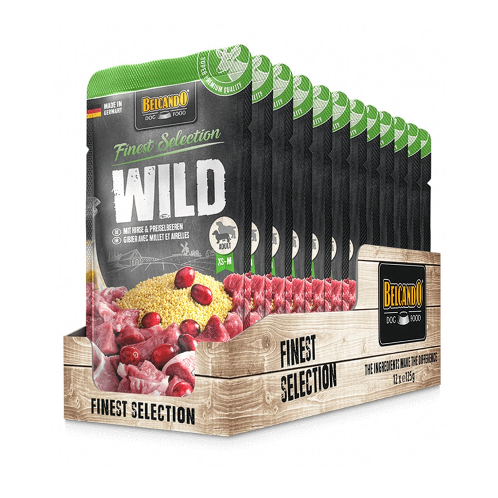 Belcando Pouch Venado, Mijo y Arándano para perros adultos, alimento húmedo premium con carne y arándanos.