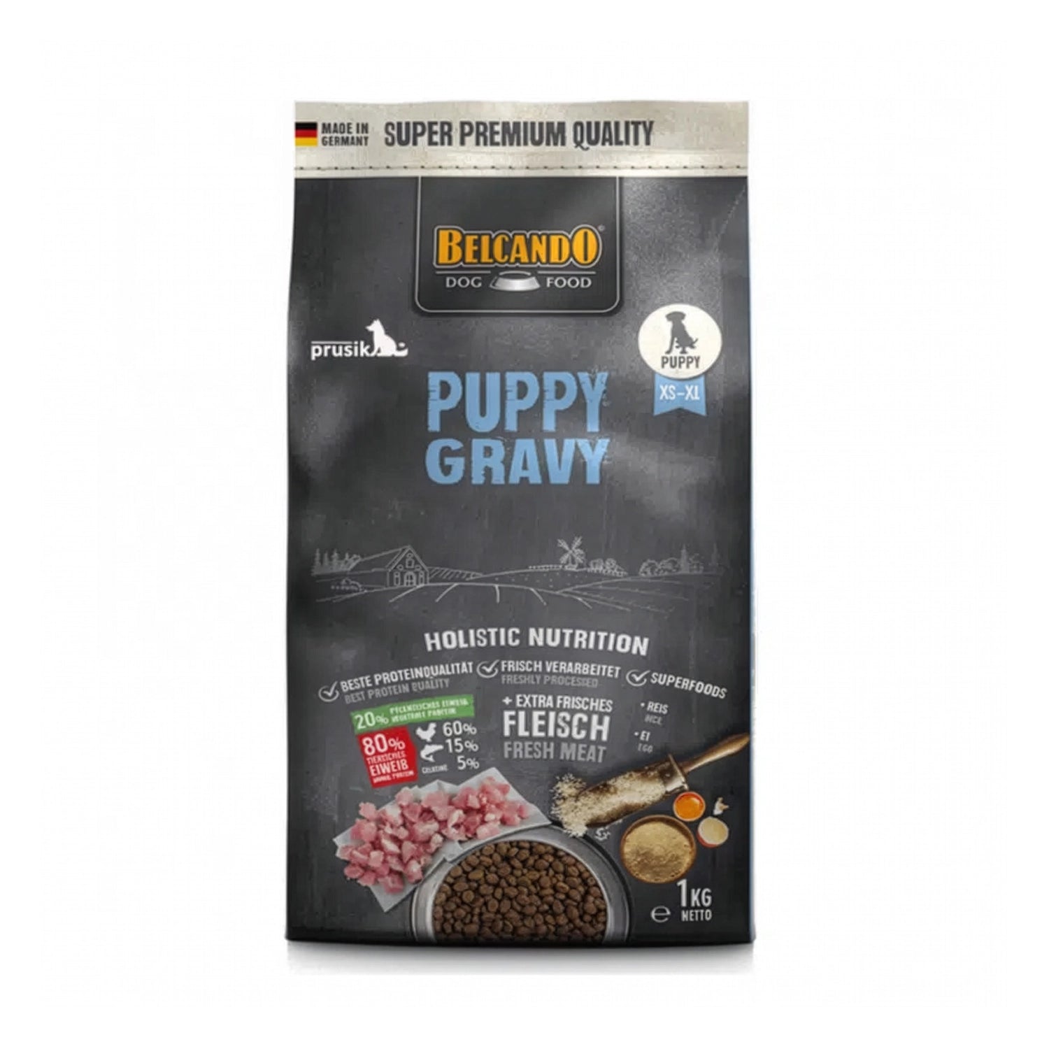 Belcando Puppy Gravy para cachorros, alimento seco con carne fresca, arroz y croquetas en bolsa premium alemana.