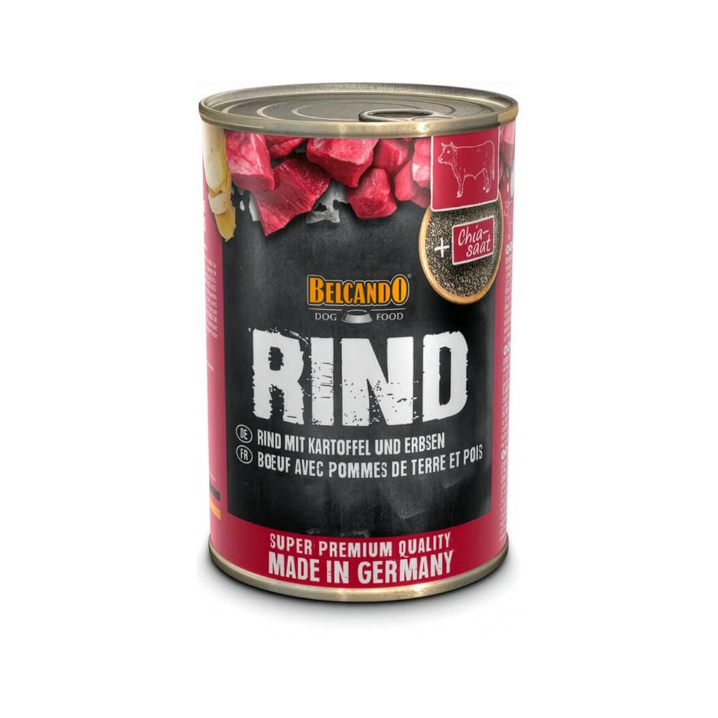 Lata de Ternera con Papas y Guisantes Belcando con receta premium para perros, carne vacuna y vegetales visibles.