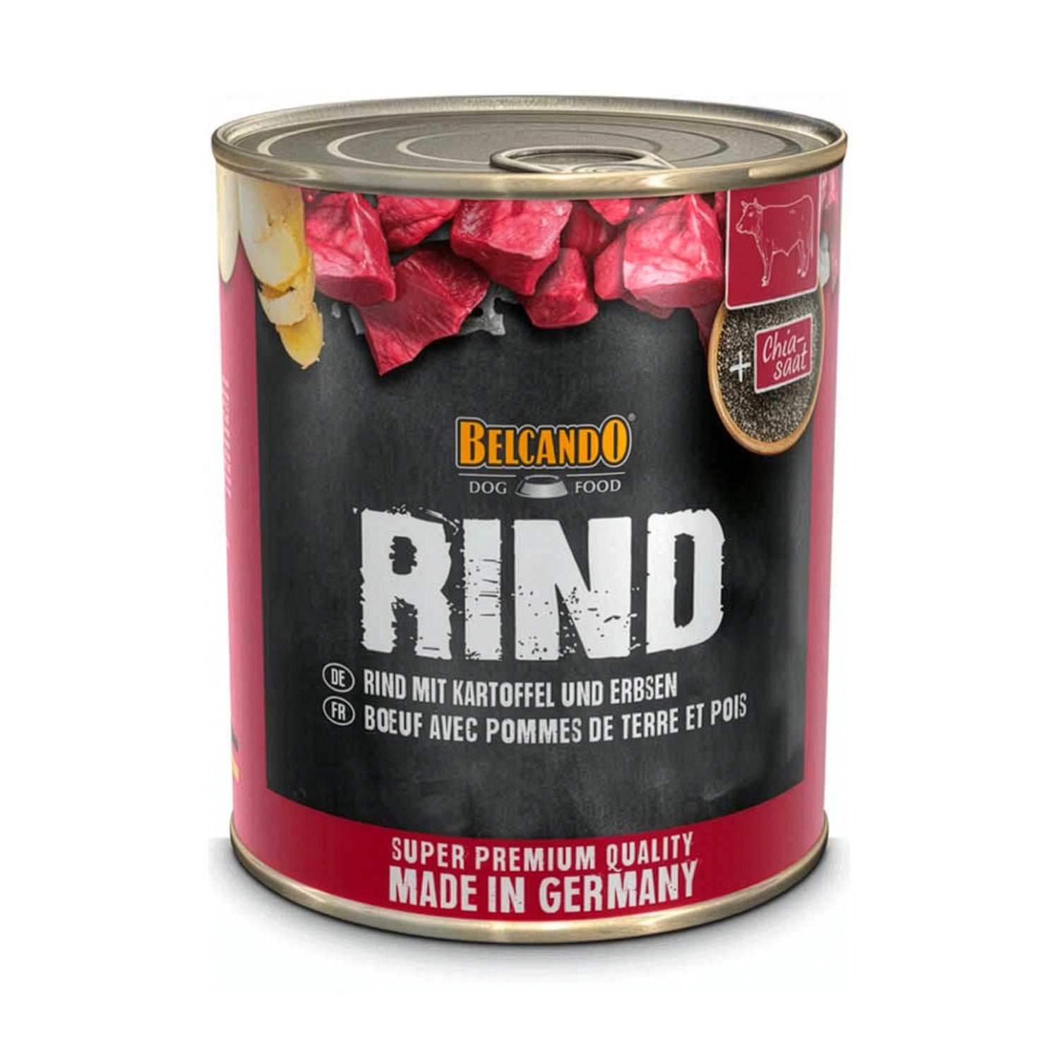 Lata de Ternera con Papas y Guisantes Belcando con receta premium para perros, carne vacuna y vegetales visibles.