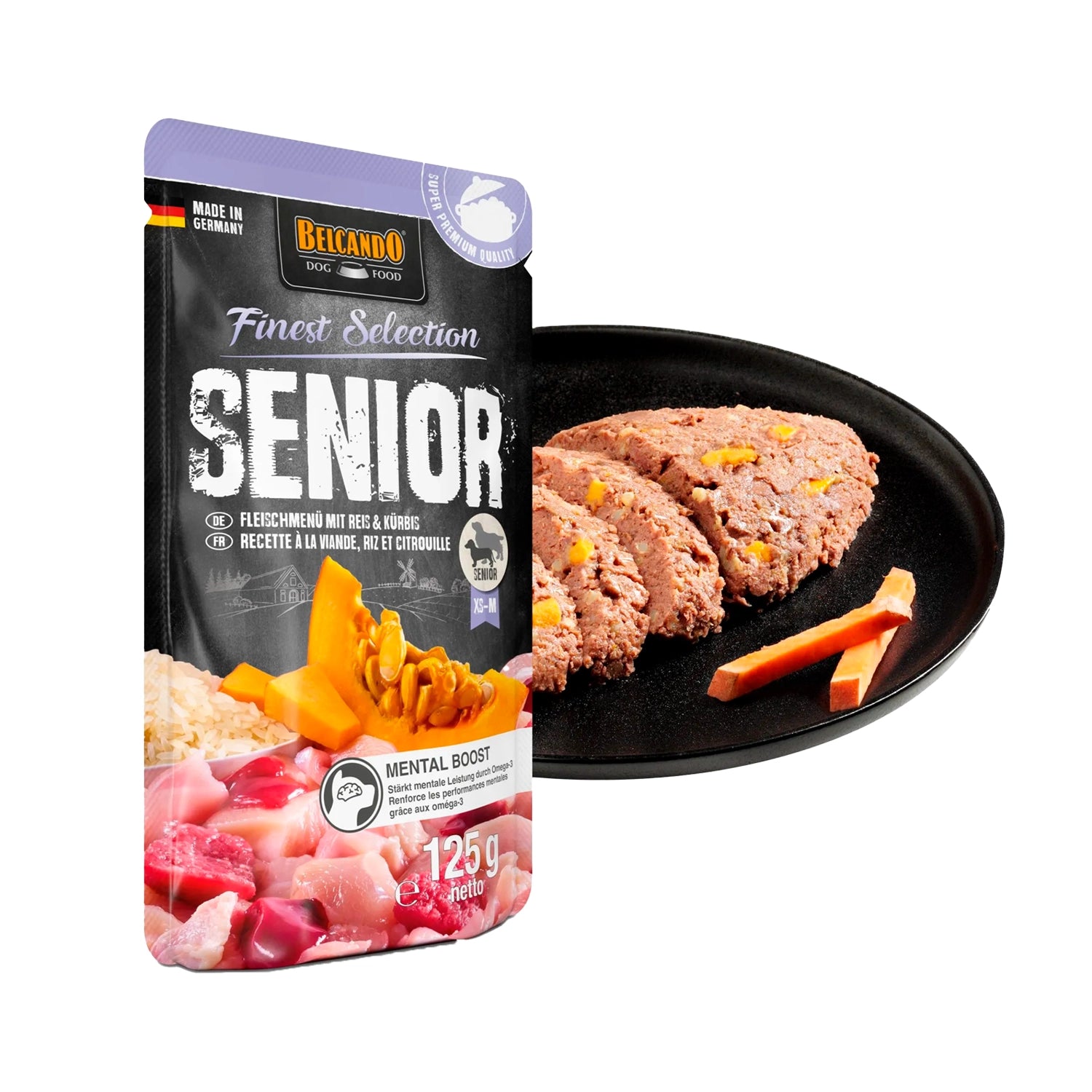 Belcando Pouch Senior Finest Selection Carne en pouch para perros mayores, con ingredientes visibles como carne y calabaza.