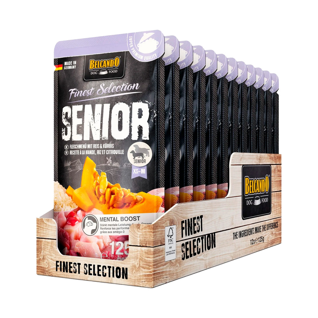 Belcando Pouch Senior Finest Selection Carne en pouch para perros mayores, con ingredientes visibles como carne y calabaza.
