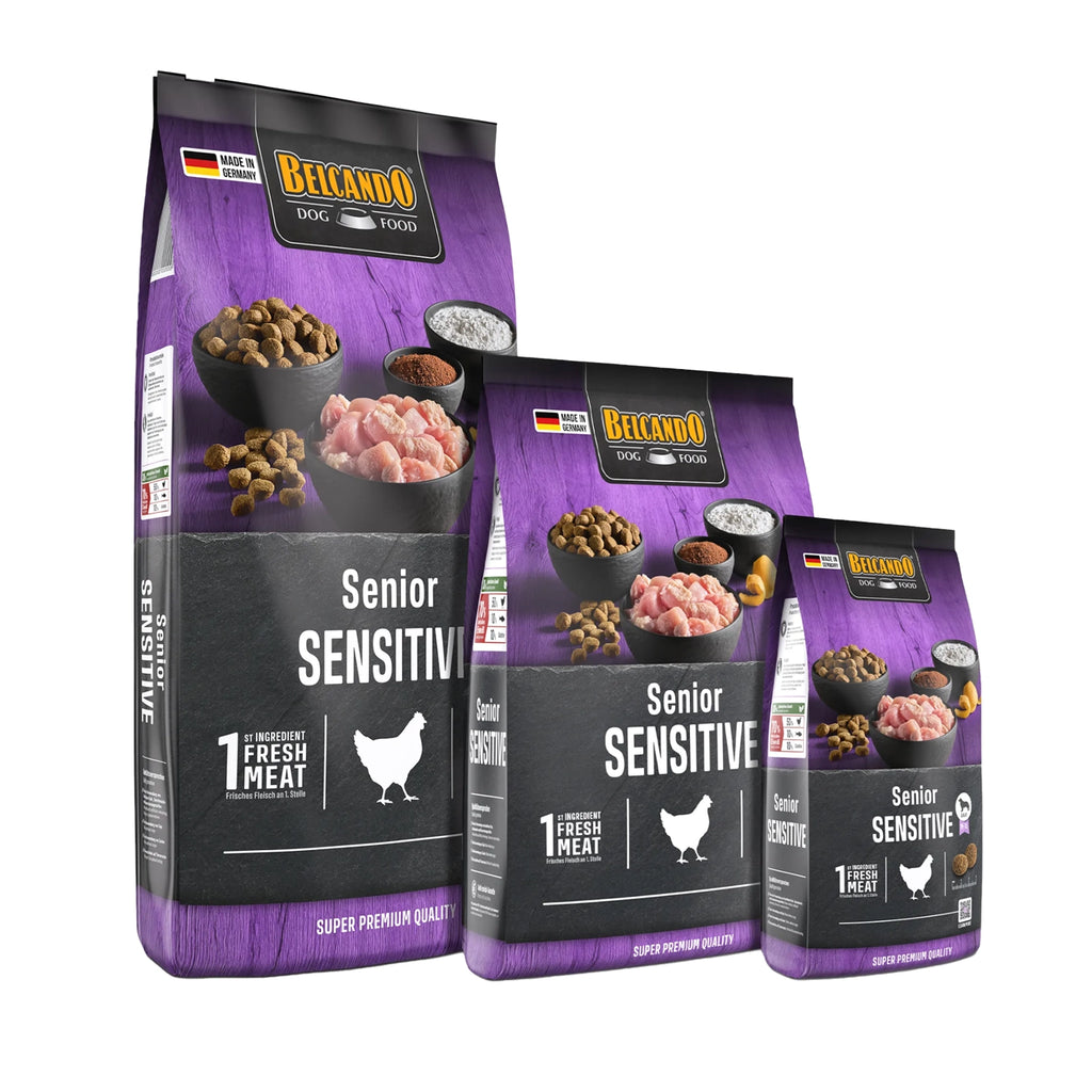 Belcando Senior Sensitive Pollo para perros adultos mayores, alimento seco con pollo fresco y croquetas sobre envase morado.