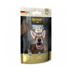 Belcando Snacks Stripes Caballo para perros, snack premium sin granos con tiras de carne y perro en portada.