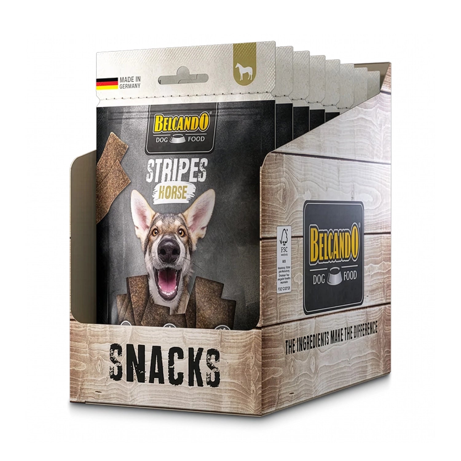 Belcando Snacks Stripes Caballo para perros, snack premium sin granos con tiras de carne y perro en portada.